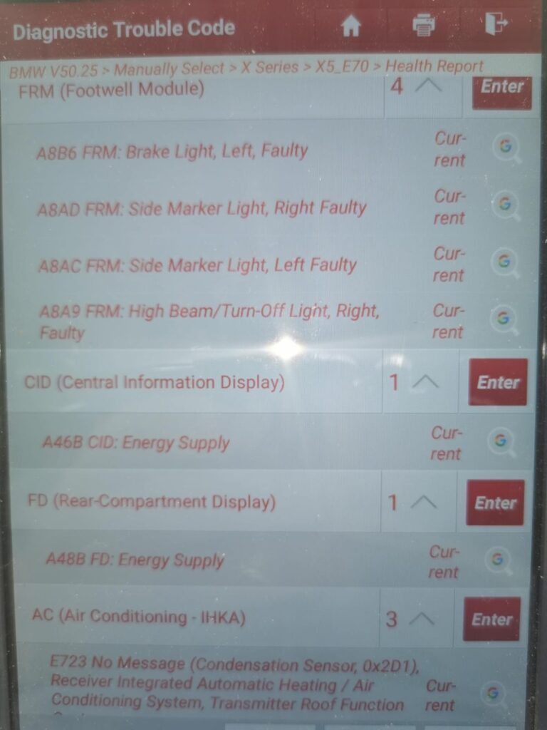 Diagnostic tablet displaying a vehicle system fault report